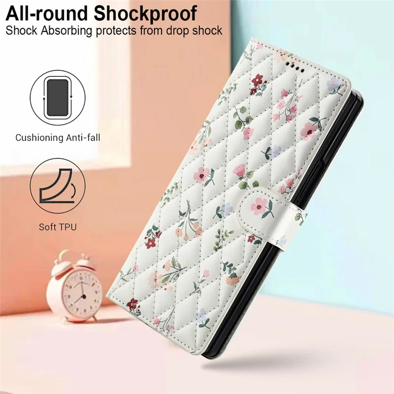 For Samsung Galaxy Z Fold5 5G Wallet Case Rhombic Floral Design Leather Flip Phone Cover with Strap - A1