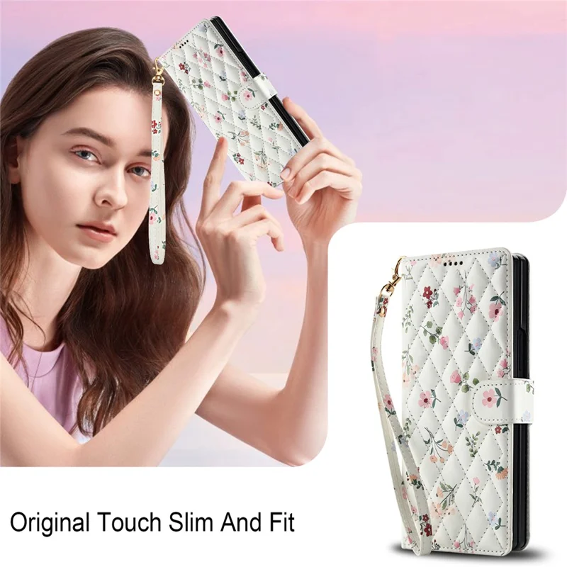 For Samsung Galaxy Z Fold5 5G Wallet Case Rhombic Floral Design Leather Flip Phone Cover with Strap - A1