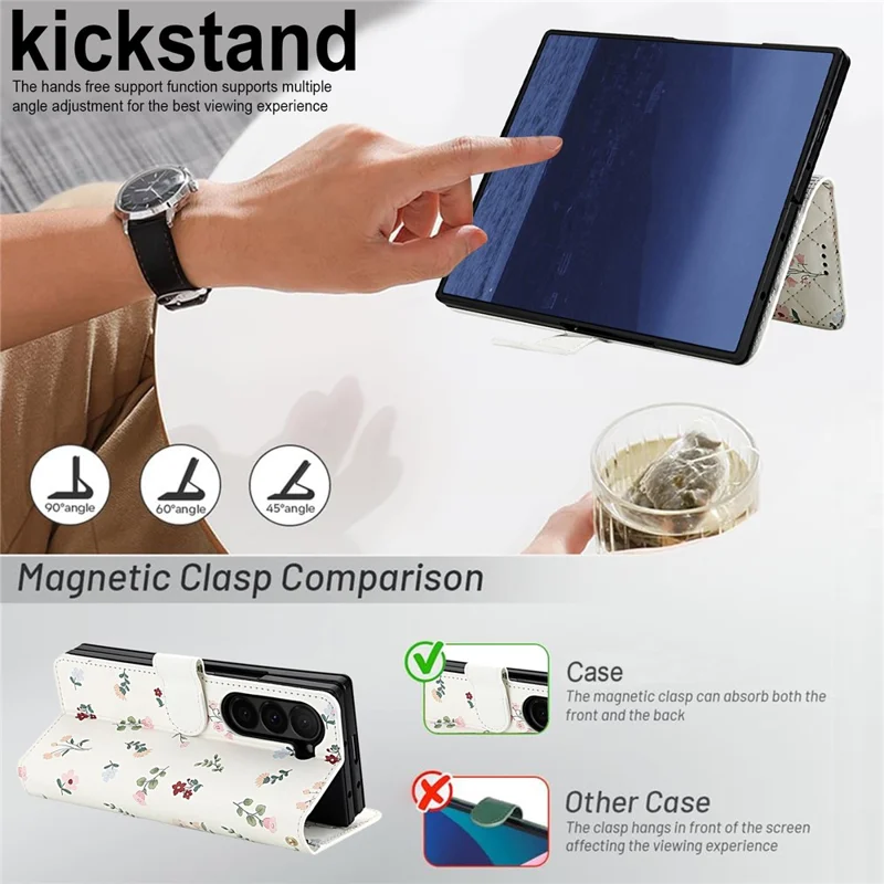 For Samsung Galaxy Z Fold5 5G Wallet Case Rhombic Floral Design Leather Flip Phone Cover with Strap - A1