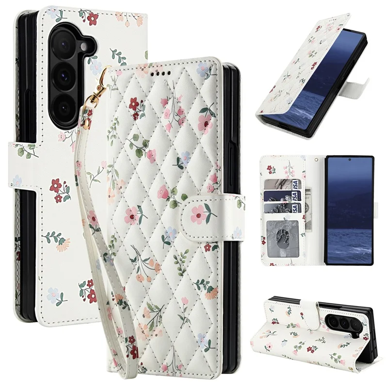 For Samsung Galaxy Z Fold6 5G Wallet Case Rhombic Floral Design Leather Flip Phone Cover with Strap - A1