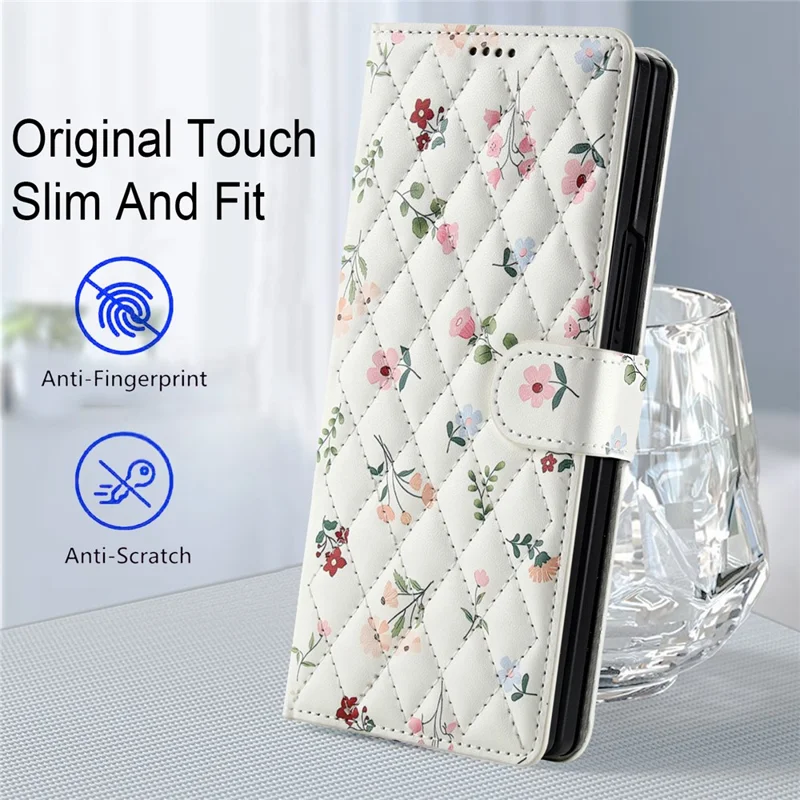 For Samsung Galaxy Z Fold6 5G Wallet Case Rhombic Floral Design Leather Flip Phone Cover with Strap - A1
