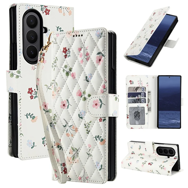For Samsung Galaxy Z Fold7 5G Wallet Case Rhombic Floral Design Leather Flip Phone Cover with Strap - A1
