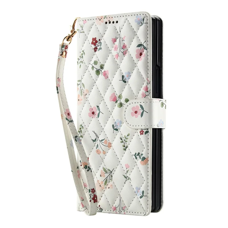 For Samsung Galaxy Z Fold7 5G Wallet Case Rhombic Floral Design Leather Flip Phone Cover with Strap - A1