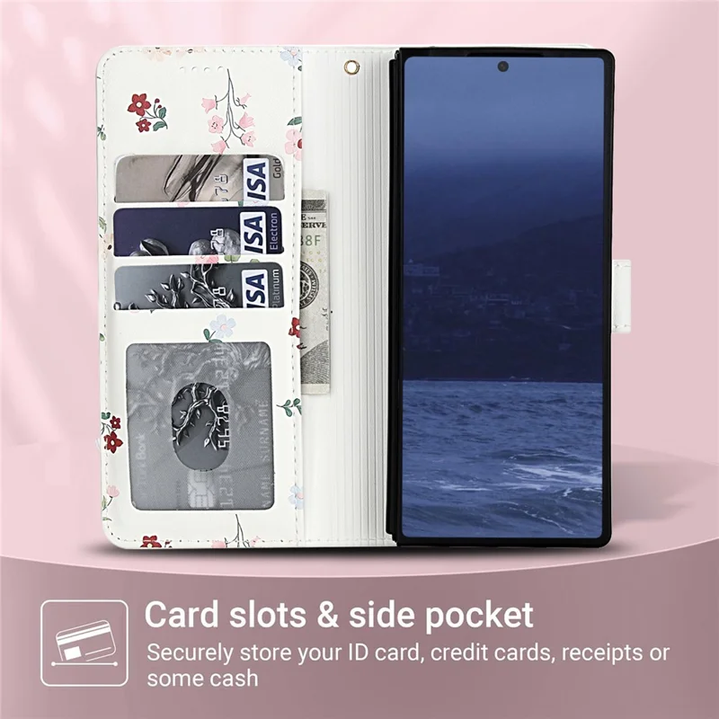 For Samsung Galaxy Z Fold7 5G Wallet Case Rhombic Floral Design Leather Flip Phone Cover with Strap - A1