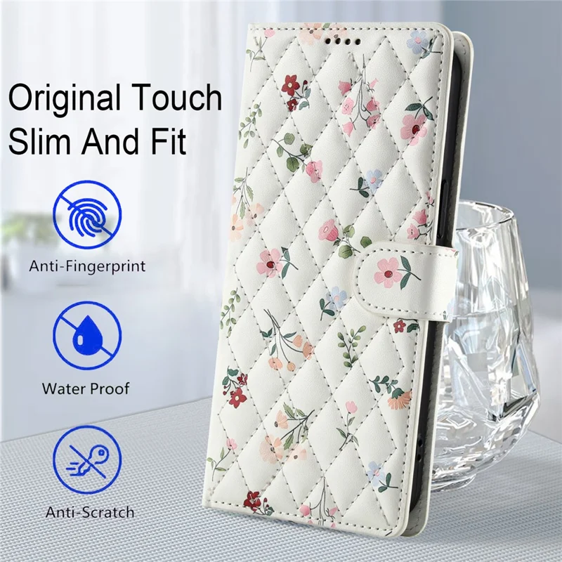 För Samsung Galaxy S26+ plånboksfodral med rombisk blommönstring Läderfodral med rem - A1