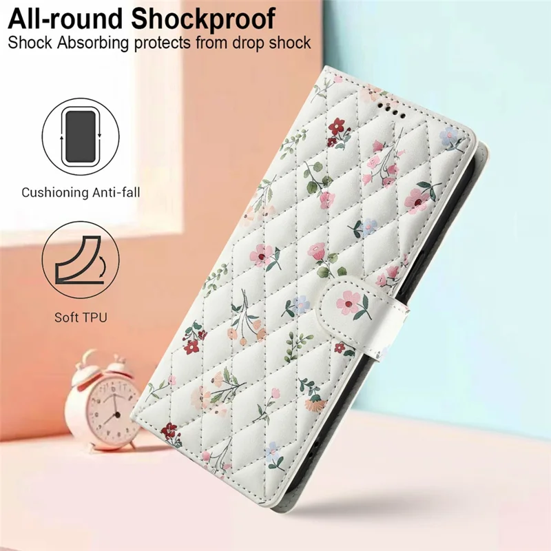 För Samsung Galaxy S26+ plånboksfodral med rombisk blommönstring Läderfodral med rem - A1