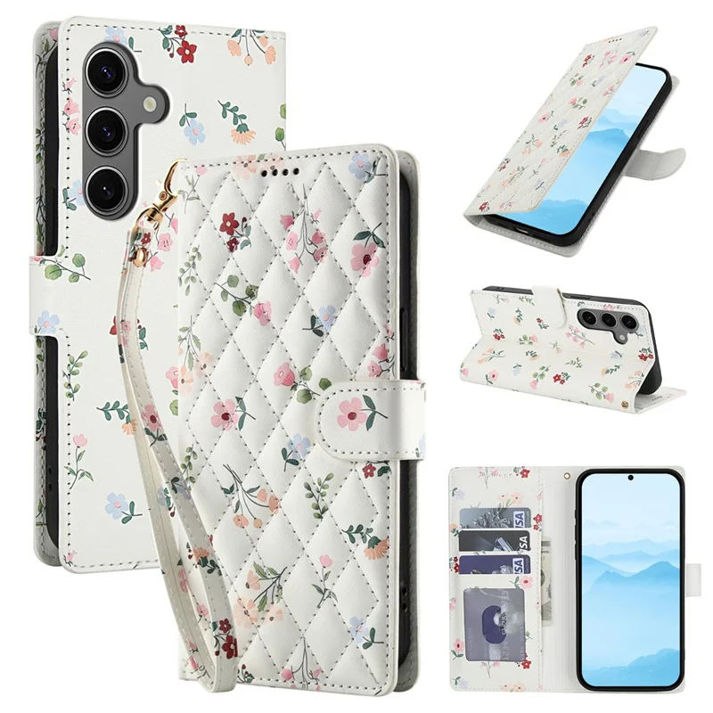 For Samsung Galaxy S26 Wallet Case Rhombic Floral Design Leather Flip Phone Cover with Strap - A1