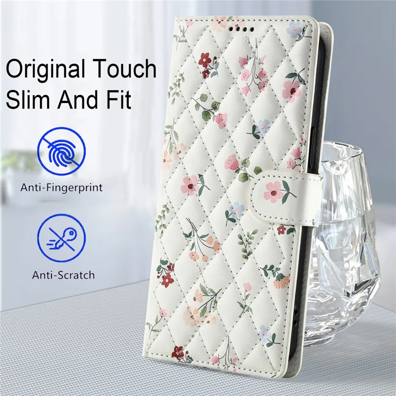 For Samsung Galaxy S26 Wallet Case Rhombic Floral Design Leather Flip Phone Cover with Strap - A1