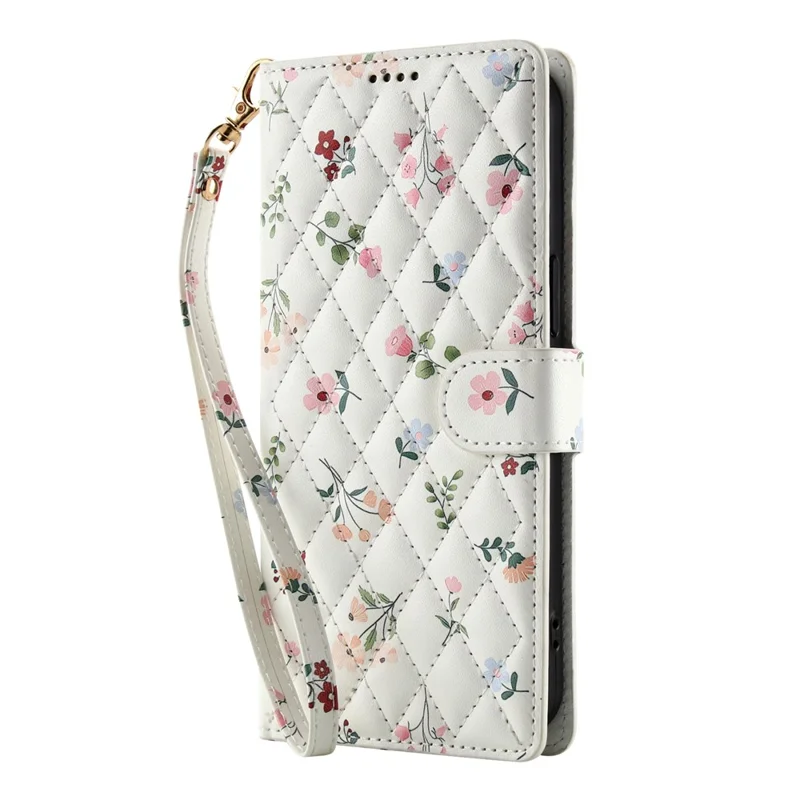 For Samsung Galaxy S26 Wallet Case Rhombic Floral Design Leather Flip Phone Cover with Strap - A1
