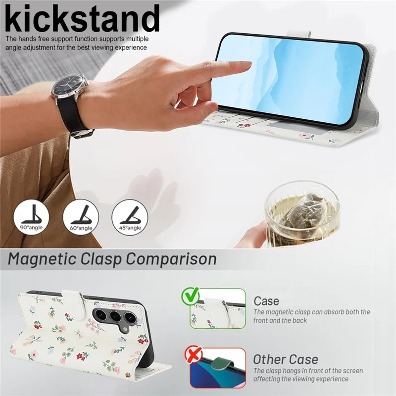 For Samsung Galaxy S26 Wallet Case Rhombic Floral Design Leather Flip Phone Cover with Strap - A1