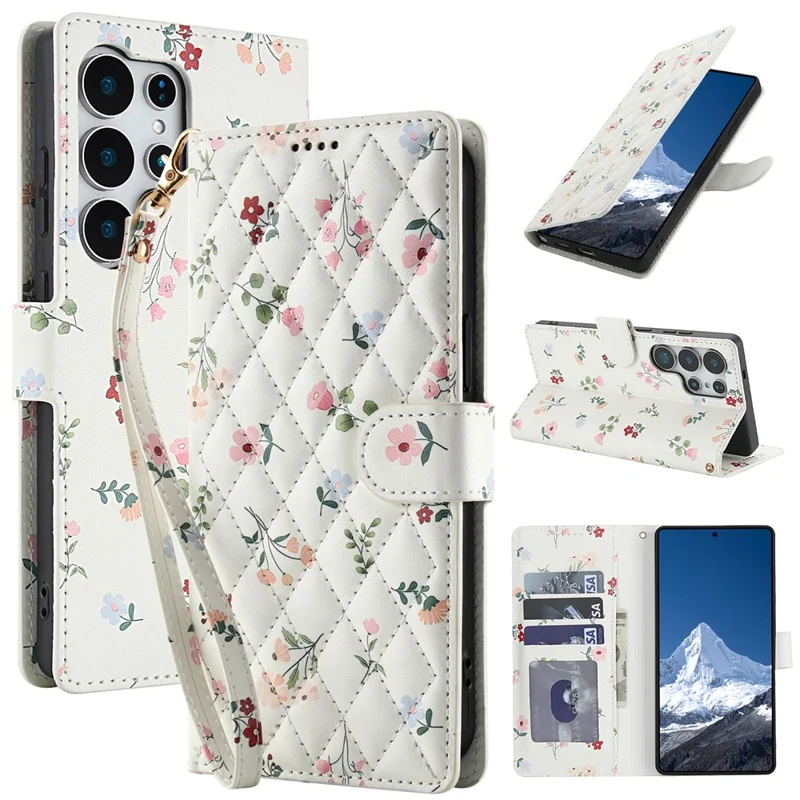 For Samsung Galaxy S26 Ultra Wallet Case Rhombic Floral Design Leather Flip Phone Cover with Strap - A1