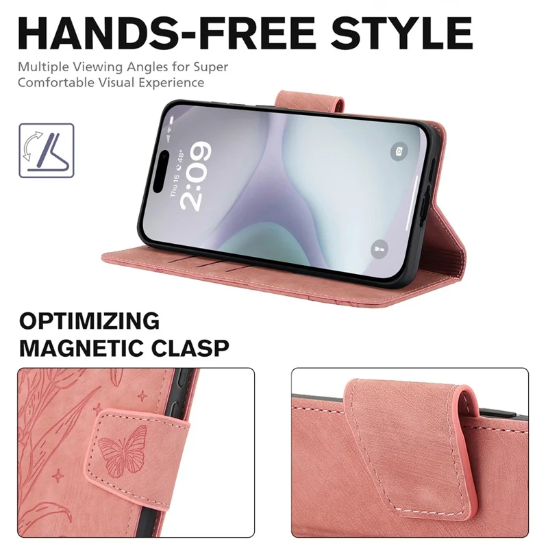 SY-001 For iPhone 17 Case Flower Butterfly Leather Wallet Phone Cover with Hand Strap - Pink