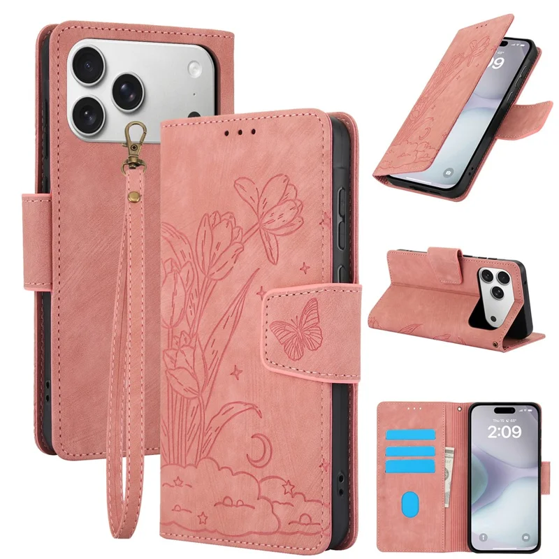 iPhone 17 Pro Hülle Blume Schmetterling Leder Brieftasche Handyhülle mit Handschlaufe - Pink