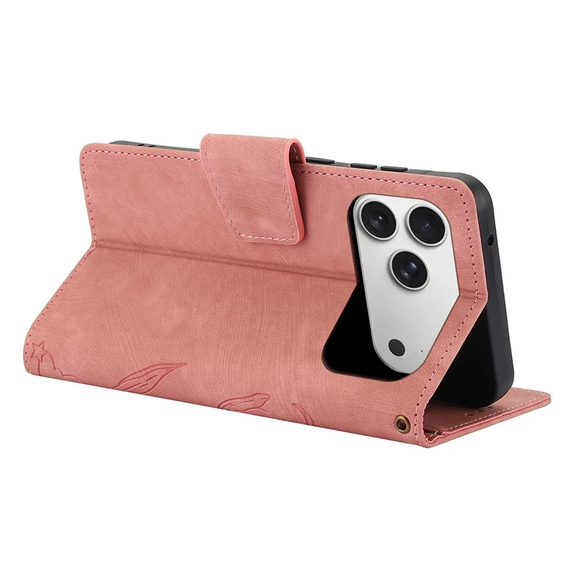 iPhone 17 Pro Hülle Blume Schmetterling Leder Brieftasche Handyhülle mit Handschlaufe - Pink