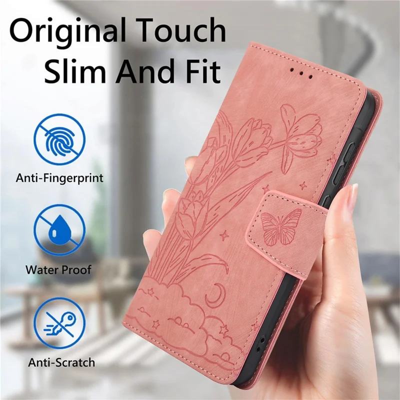 SY-001 Per iPhone 17 Pro Max Cover Fiore Farfalla Portafoglio in Pelle con Cinturino da Polso - Rosa