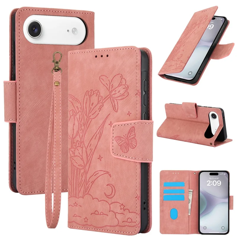 SY-001 For iPhone Air Case Flower Butterfly Leather Wallet Phone Cover with Hand Strap - Pink