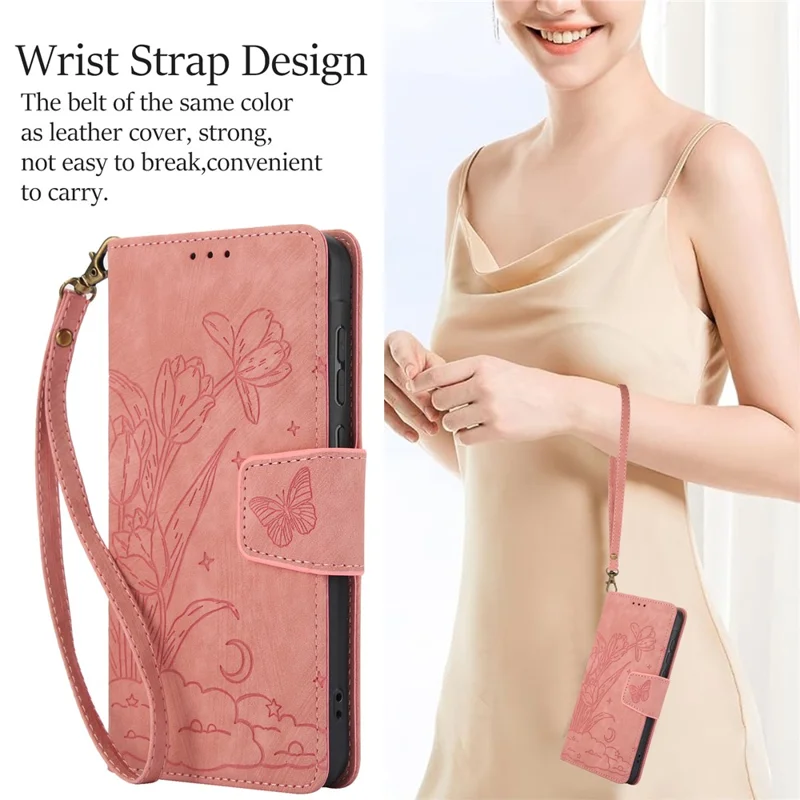 SY-001 For iPhone Air Case Flower Butterfly Leather Wallet Phone Cover with Hand Strap - Pink