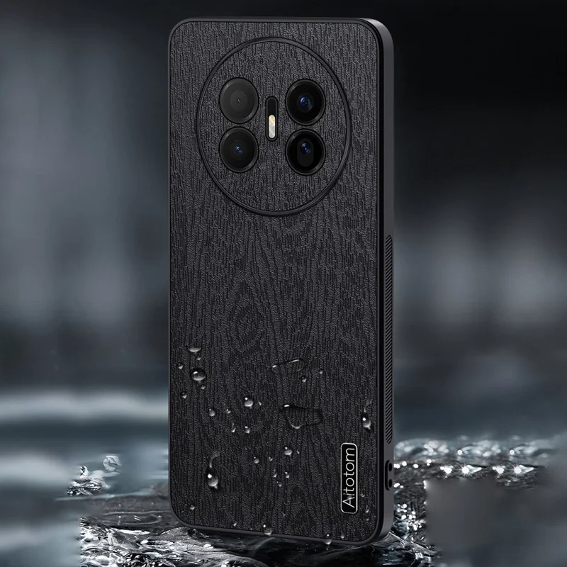 För Huawei Mate 70 Air-hölje med trästruktur, PU-läderbelagd PC- och TPU-telefonhölja - Svart