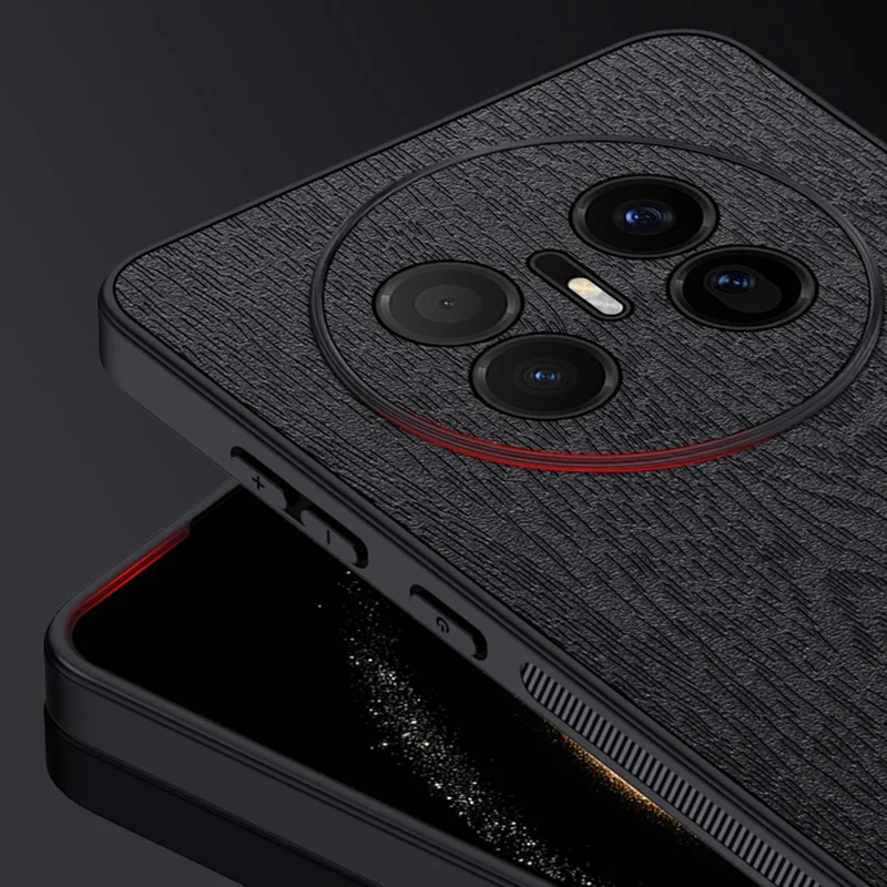 För Huawei Mate 70 Air-hölje med trästruktur, PU-läderbelagd PC- och TPU-telefonhölja - Svart