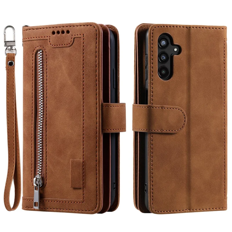 Funda para Samsung Galaxy S26+ con 9 ranuras para tarjetas, cremallera y correa para la muñeca, de piel sintética - Marrón