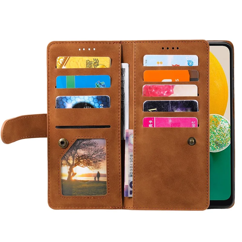 Funda para Samsung Galaxy S26+ con 9 ranuras para tarjetas, cremallera y correa para la muñeca, de piel sintética - Marrón