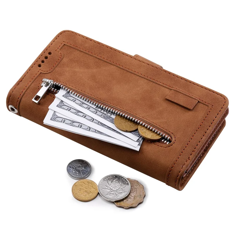 Funda para Samsung Galaxy S26+ con 9 ranuras para tarjetas, cremallera y correa para la muñeca, de piel sintética - Marrón