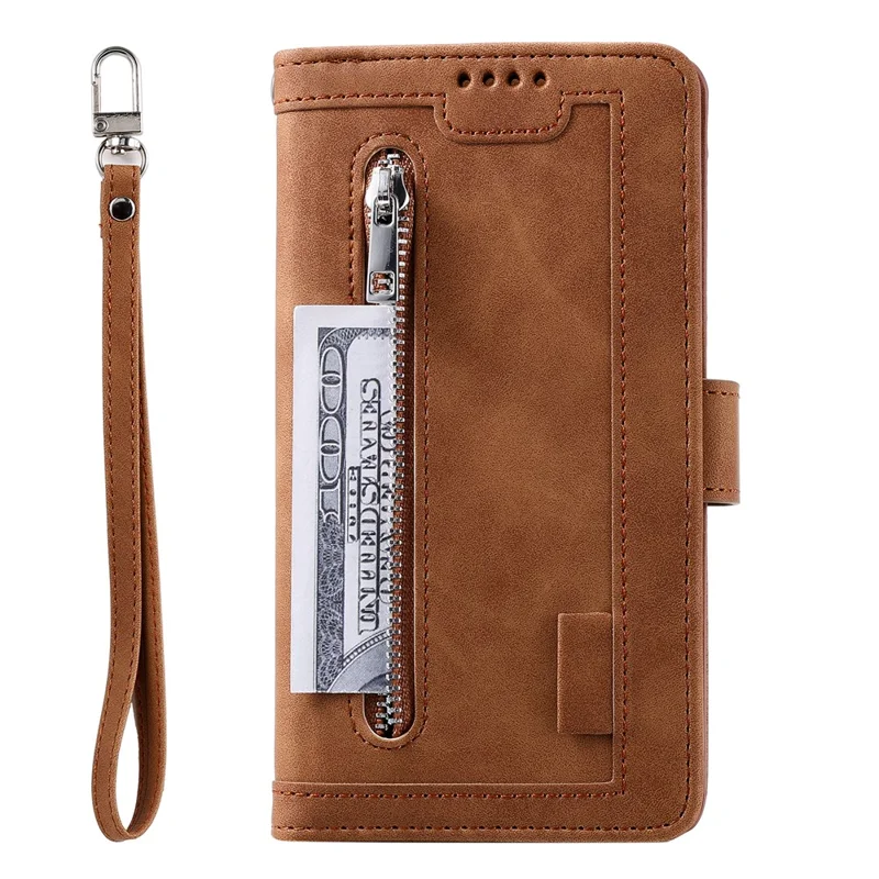 Funda para Samsung Galaxy S26+ con 9 ranuras para tarjetas, cremallera y correa para la muñeca, de piel sintética - Marrón