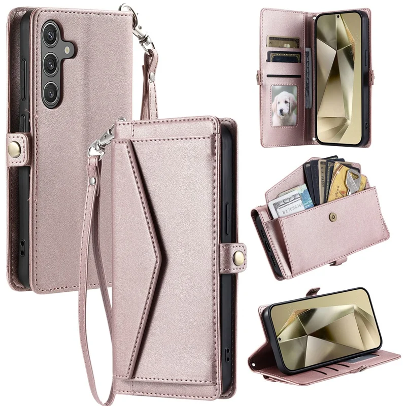 For Samsung Galaxy S26+ Leather Case with Wrist Strap Wallet Stand Phone Cover - Rose Gold
