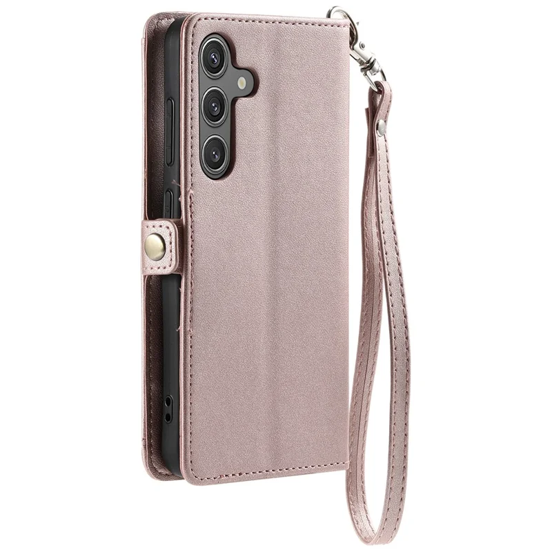 For Samsung Galaxy S26+ Leather Case with Wrist Strap Wallet Stand Phone Cover - Rose Gold
