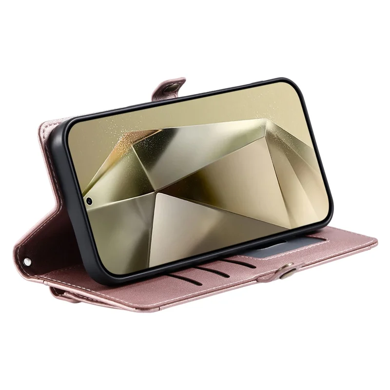 For Samsung Galaxy S26+ Leather Case with Wrist Strap Wallet Stand Phone Cover - Rose Gold