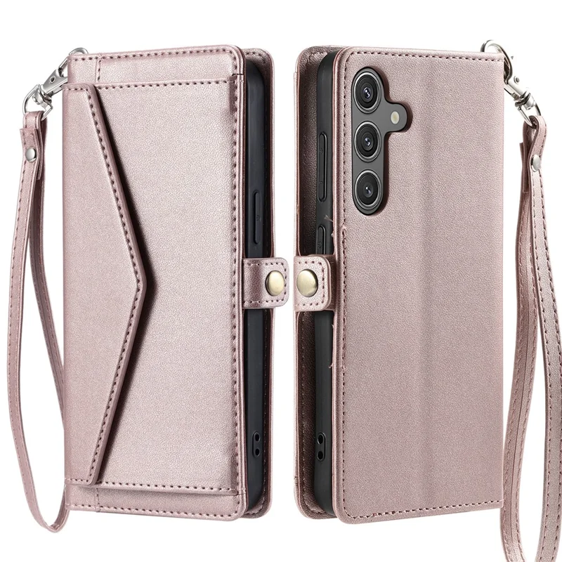 For Samsung Galaxy S26+ Leather Case with Wrist Strap Wallet Stand Phone Cover - Rose Gold