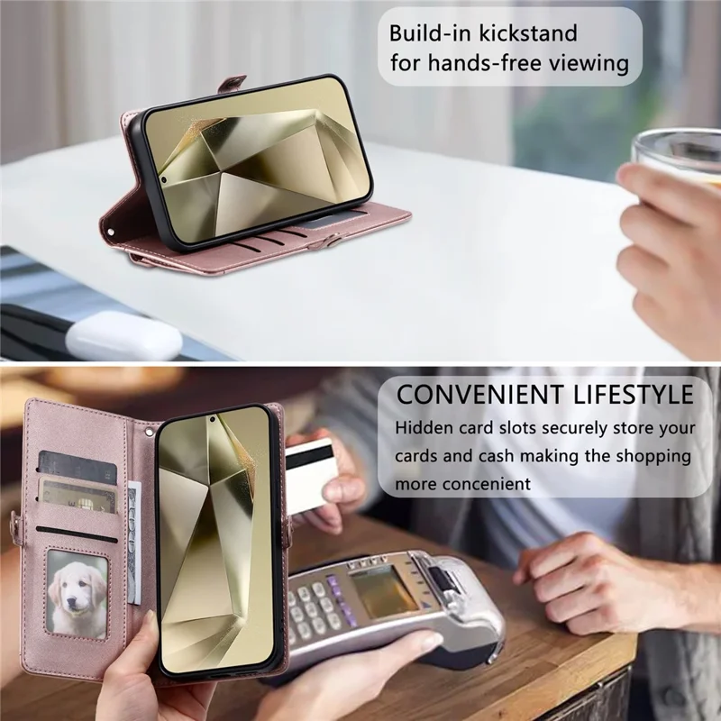 For Samsung Galaxy S26+ Leather Case with Wrist Strap Wallet Stand Phone Cover - Rose Gold