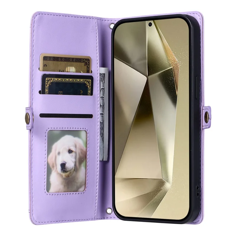 For Samsung Galaxy S26+ Leather Case with Wrist Strap Wallet Stand Phone Cover - Purple