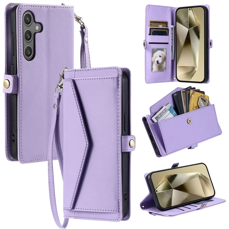 For Samsung Galaxy S26+ Leather Case with Wrist Strap Wallet Stand Phone Cover - Purple