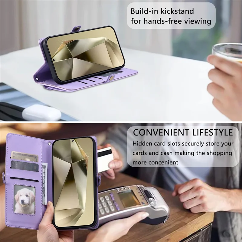 For Samsung Galaxy S26+ Leather Case with Wrist Strap Wallet Stand Phone Cover - Purple