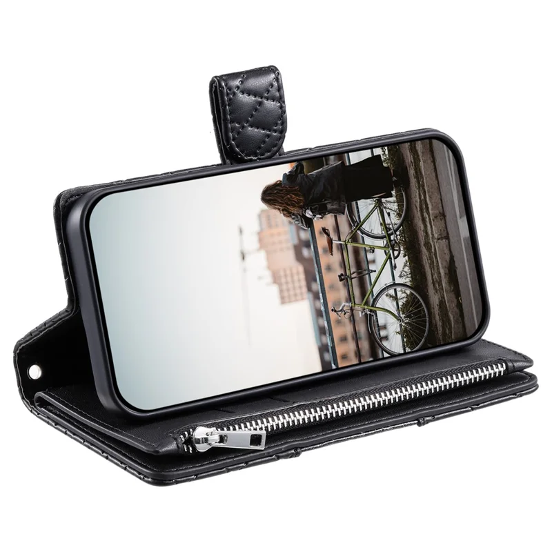 For Samsung Galaxy S26+ Case Zipper Pocket Glitter Leather Phone Cover with Wrist Strap - Black