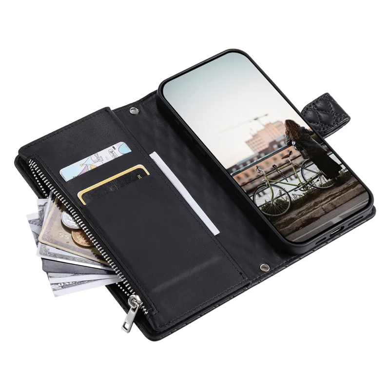 For Samsung Galaxy S26+ Case Zipper Pocket Glitter Leather Phone Cover with Wrist Strap - Black