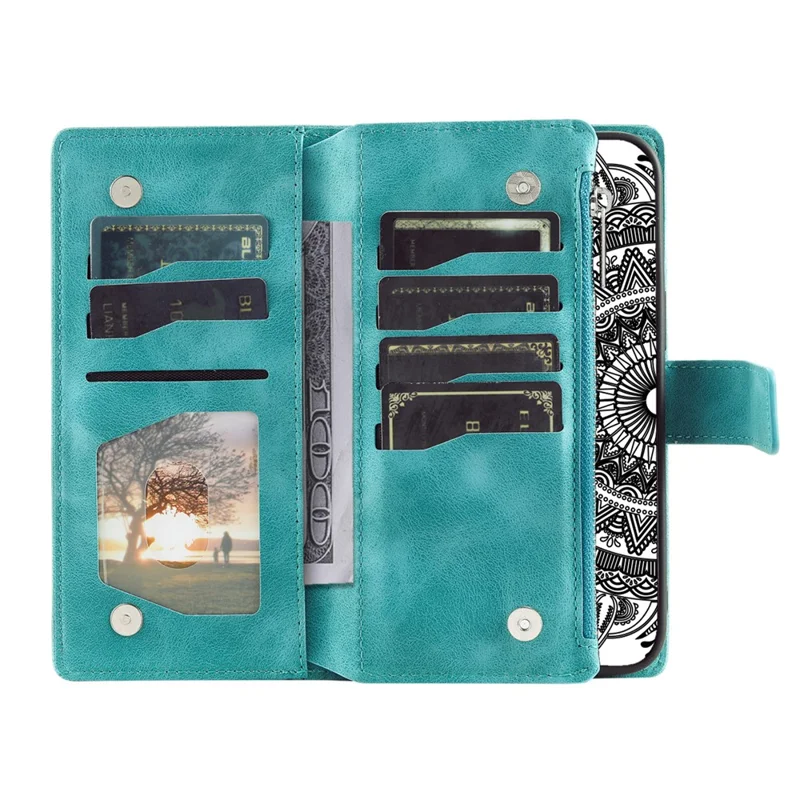 For Samsung Galaxy S26+ Wallet Case Mandala Flower Pattern PU Leather Phone Cover with Wrist Strap - Mint Green