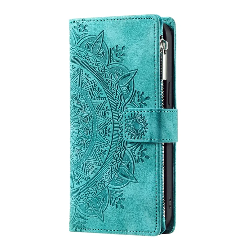 For Samsung Galaxy S26+ Wallet Case Mandala Flower Pattern PU Leather Phone Cover with Wrist Strap - Mint Green
