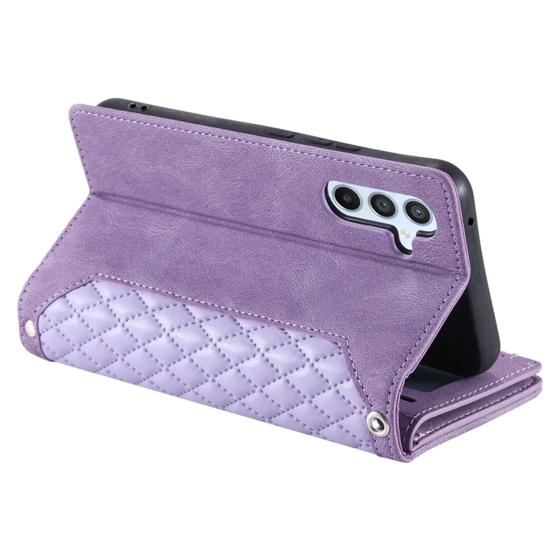 For Samsung Galaxy S26+ Wallet Case Rhombus Stitching Line PU Leather Phone Cover with Wrist Strap - Purple