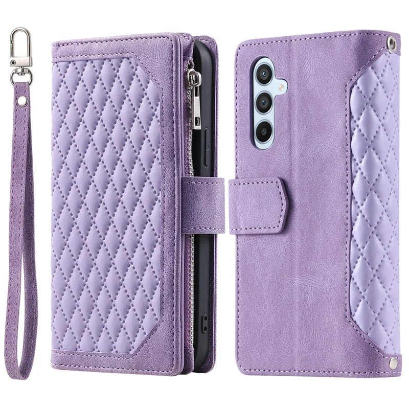 For Samsung Galaxy S26+ Wallet Case Rhombus Stitching Line PU Leather Phone Cover with Wrist Strap - Purple