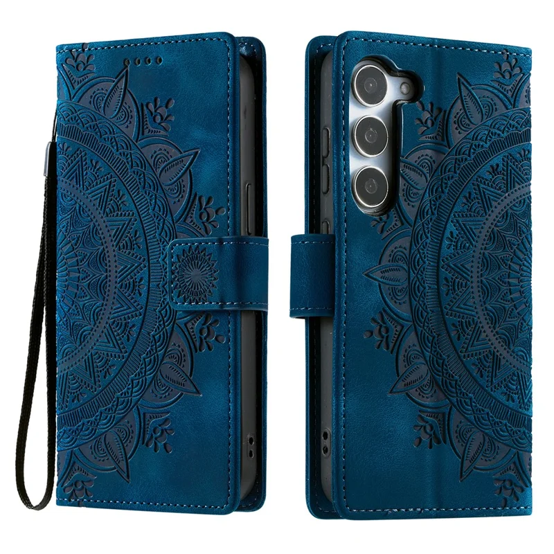 For Samsung Galaxy S26+ Case Imprinted Totem Skin Feel Wallet Leather Phone Cover with Hand Strap - Blue