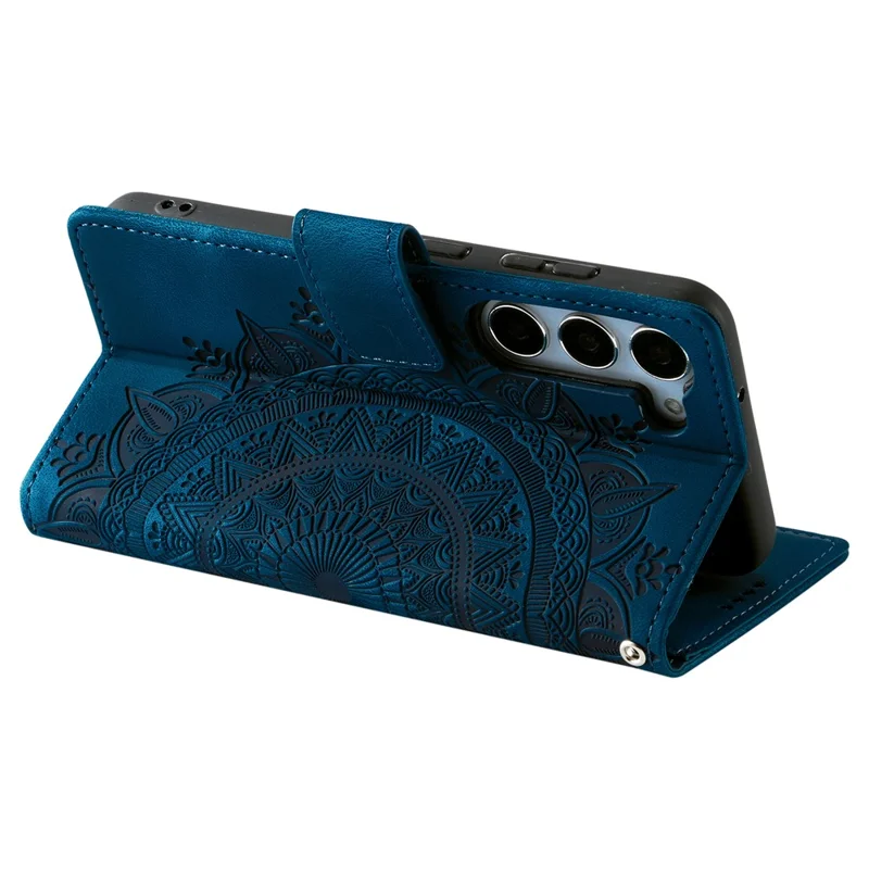 For Samsung Galaxy S26+ Case Imprinted Totem Skin Feel Wallet Leather Phone Cover with Hand Strap - Blue