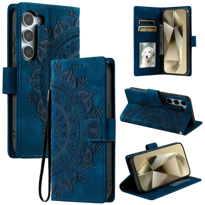 For Samsung Galaxy S26+ Case Imprinted Totem Skin Feel Wallet Leather Phone Cover with Hand Strap - Blue