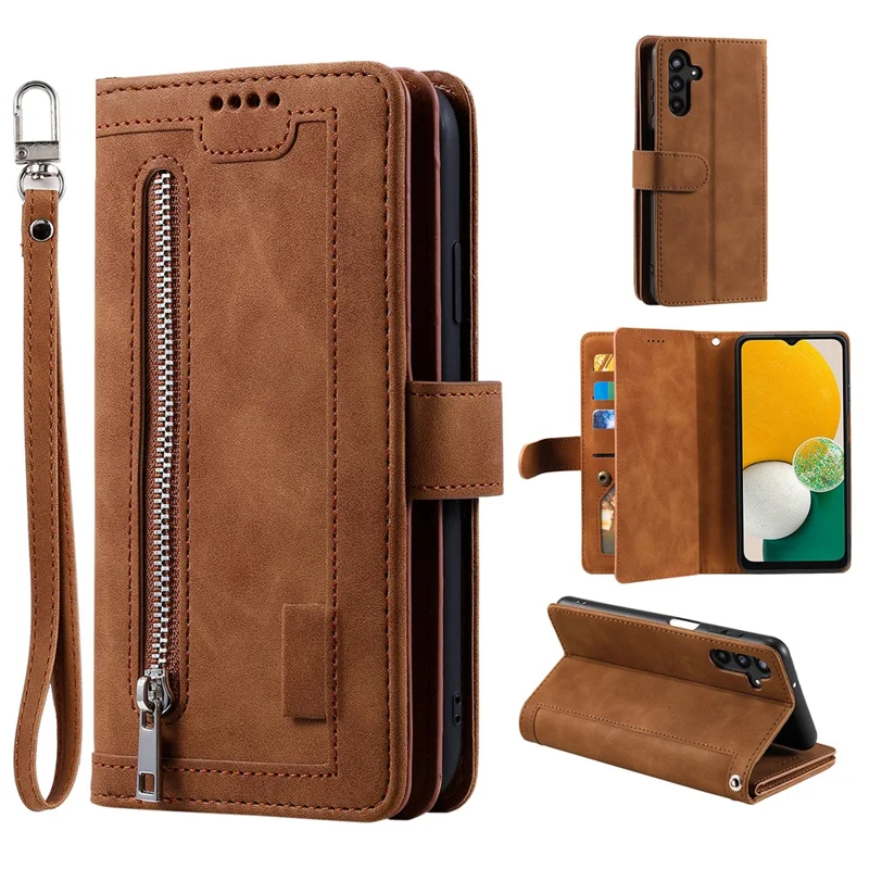 For Samsung Galaxy A37 5G Case 9 Card Slots Zipper Wallet PU Leather Phone Cover with Wrist Strap - Brown