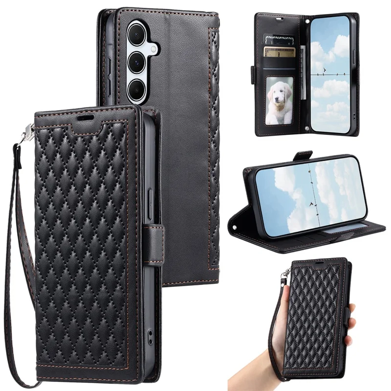 For Samsung Galaxy A37 5G Leather Case Rhombus Texture Wallet Stand Phone Cover with Wrist Strap - Black