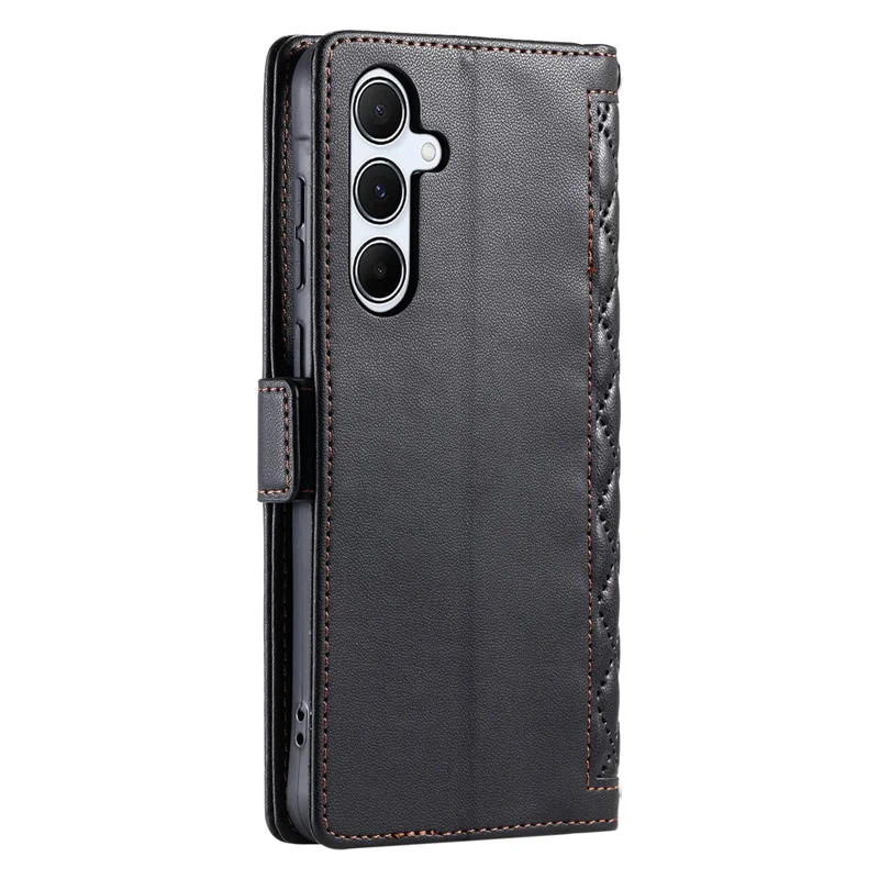 For Samsung Galaxy A37 5G Leather Case Rhombus Texture Wallet Stand Phone Cover with Wrist Strap - Black