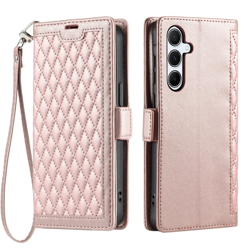 For Samsung Galaxy A37 5G Leather Case Rhombus Texture Wallet Stand Phone Cover with Wrist Strap - Rose Gold