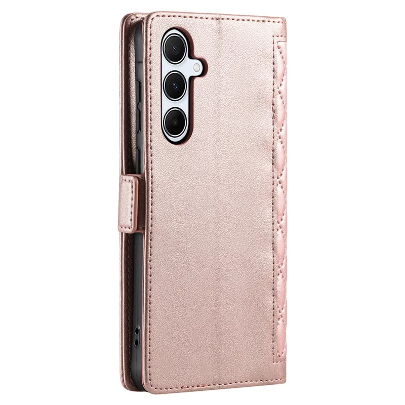 For Samsung Galaxy A37 5G Leather Case Rhombus Texture Wallet Stand Phone Cover with Wrist Strap - Rose Gold