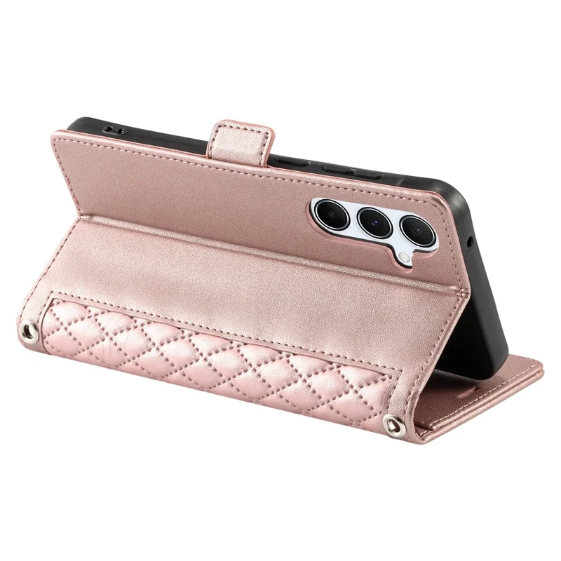 For Samsung Galaxy A37 5G Leather Case Rhombus Texture Wallet Stand Phone Cover with Wrist Strap - Rose Gold